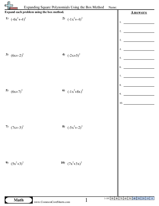 Expanding Square Polynomials Using the Box Method worksheet
